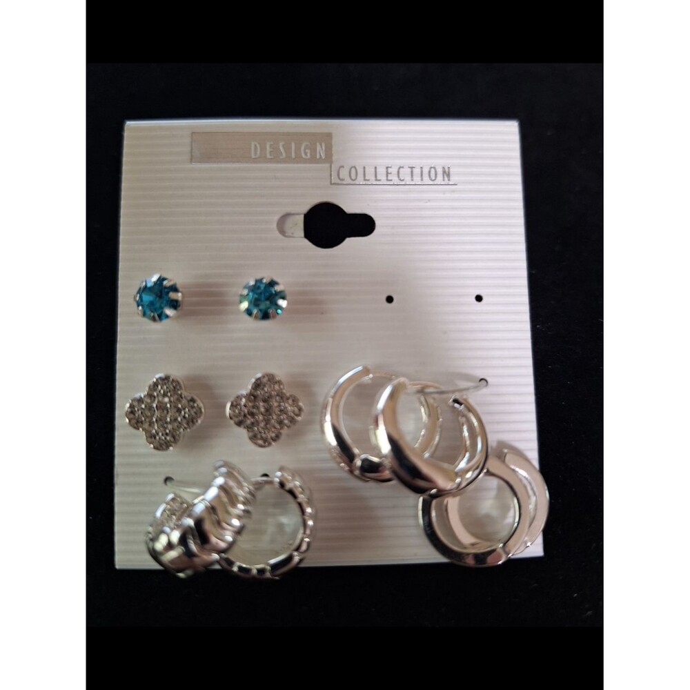 Design Collection Silver Tone Earring Set with Teal Studs